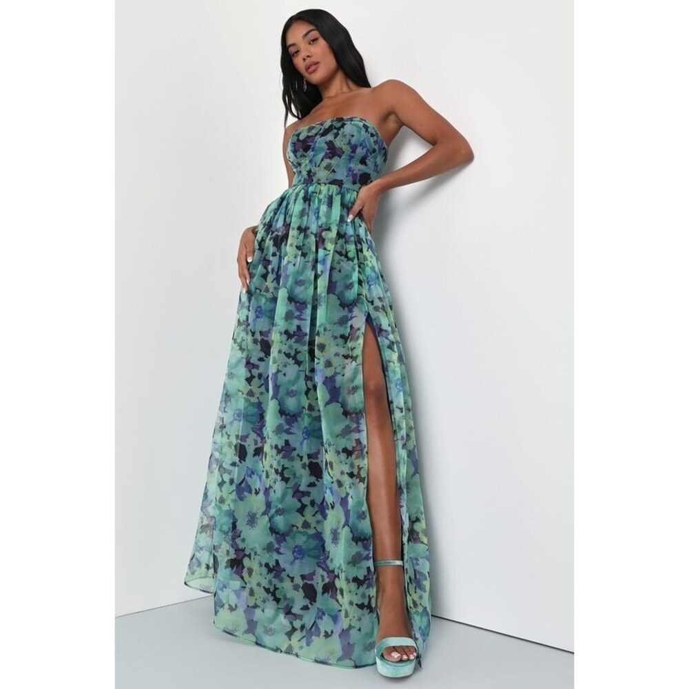 Lulus Green Floral Print Strapless Bustier Maxi Dress NWT